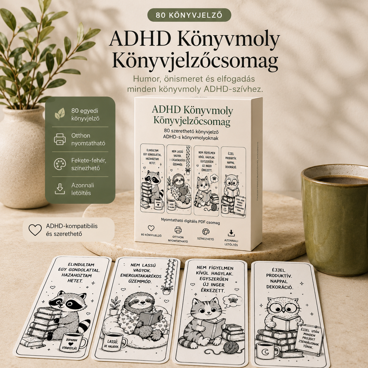 ADHD Könyvmoly Könyvjelzőcsomag 80 nyomtatható és színezhető könyvjelzővel, digitális PDF formátumban